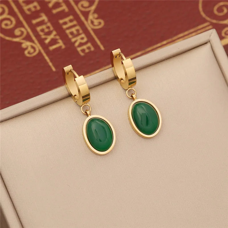 316L Stainless Steel Simple Flat Snake Chain Emerald Stone Pendant Bracelet Necklace Earring Set Indian Jewelry
